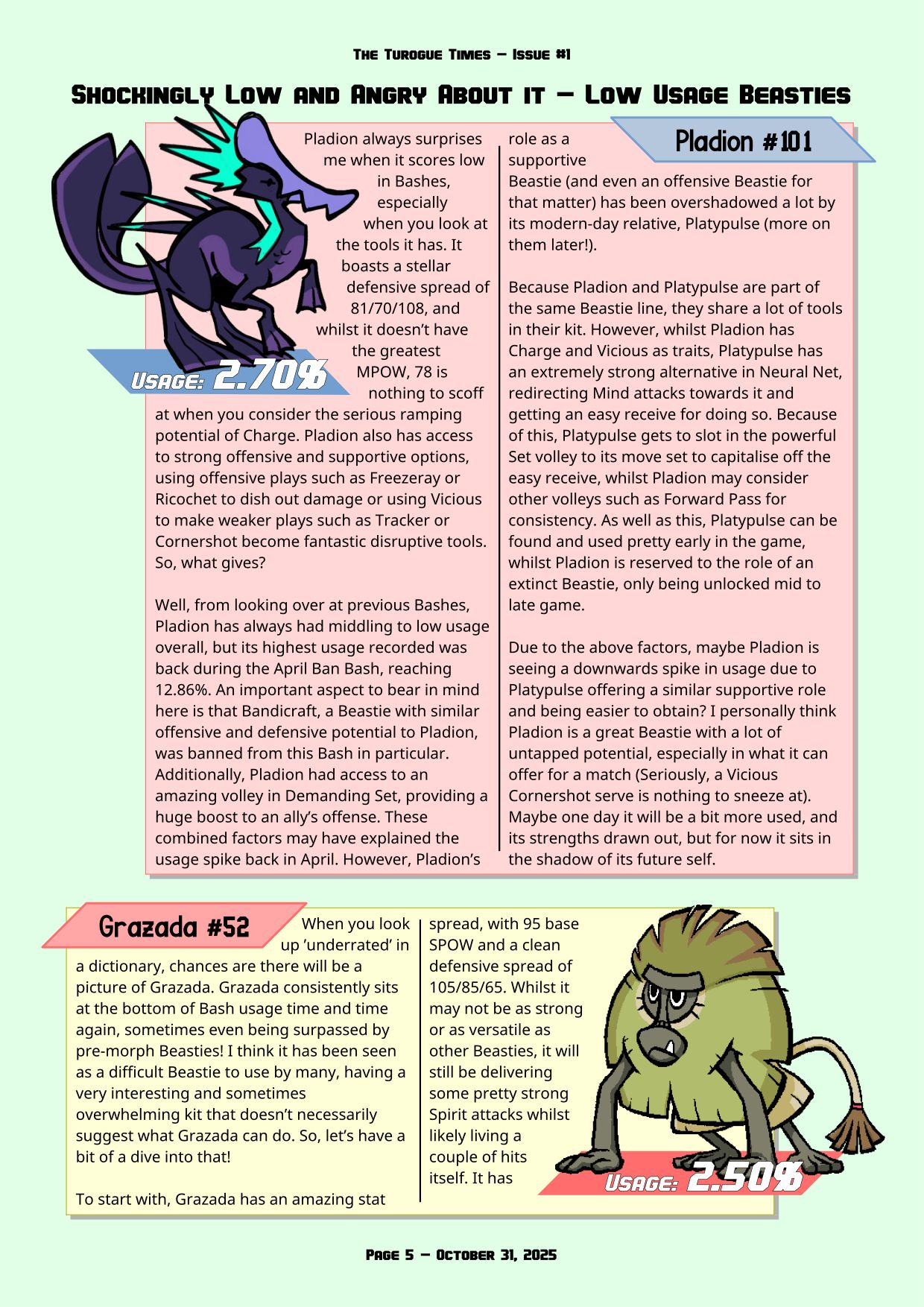 Page 5 of the Turogue Times, a Beastieball newsletter. This page is the Captain's Log, summarizing Beastie usage stats from the October Bigmoon Bash. For a more screen reader friendly format, please see the PDF download above.